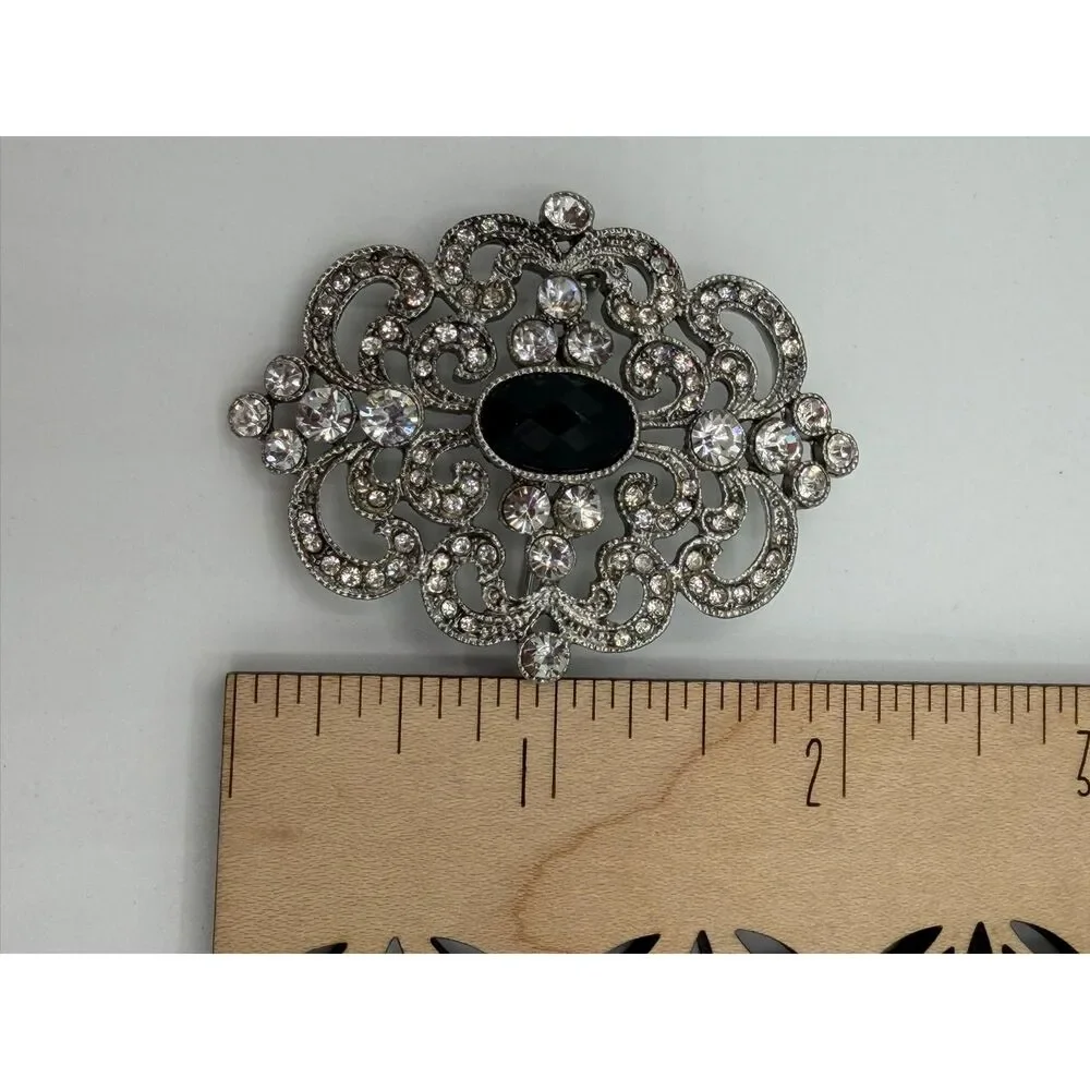 NWOT Vintage Monet Brooch Silvertone Filigree Rhinestone